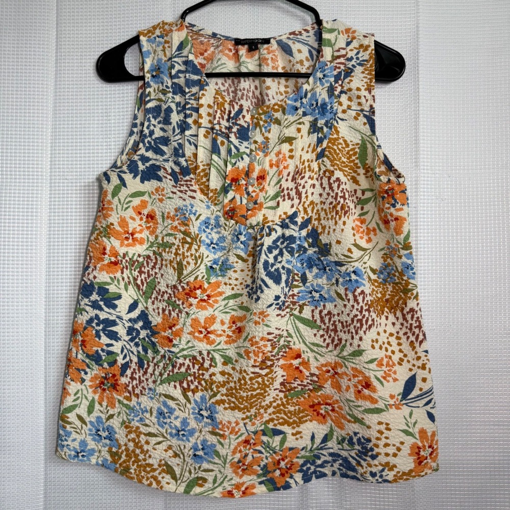 Papermoon Sleeveless Blouse Floral Textured Pleated Bib Button Front Boho S